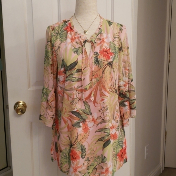 J. Jill Pink Tropical Floral Bell Sleeve Tunic - Picture 1 of 15